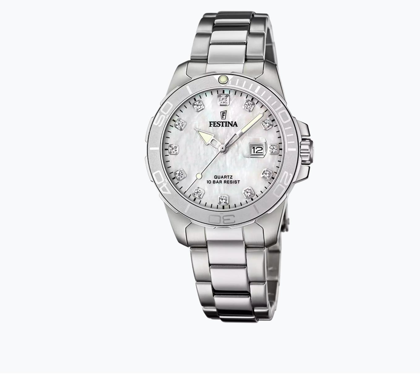 Festina stål,lenke, hvit skive, 100m