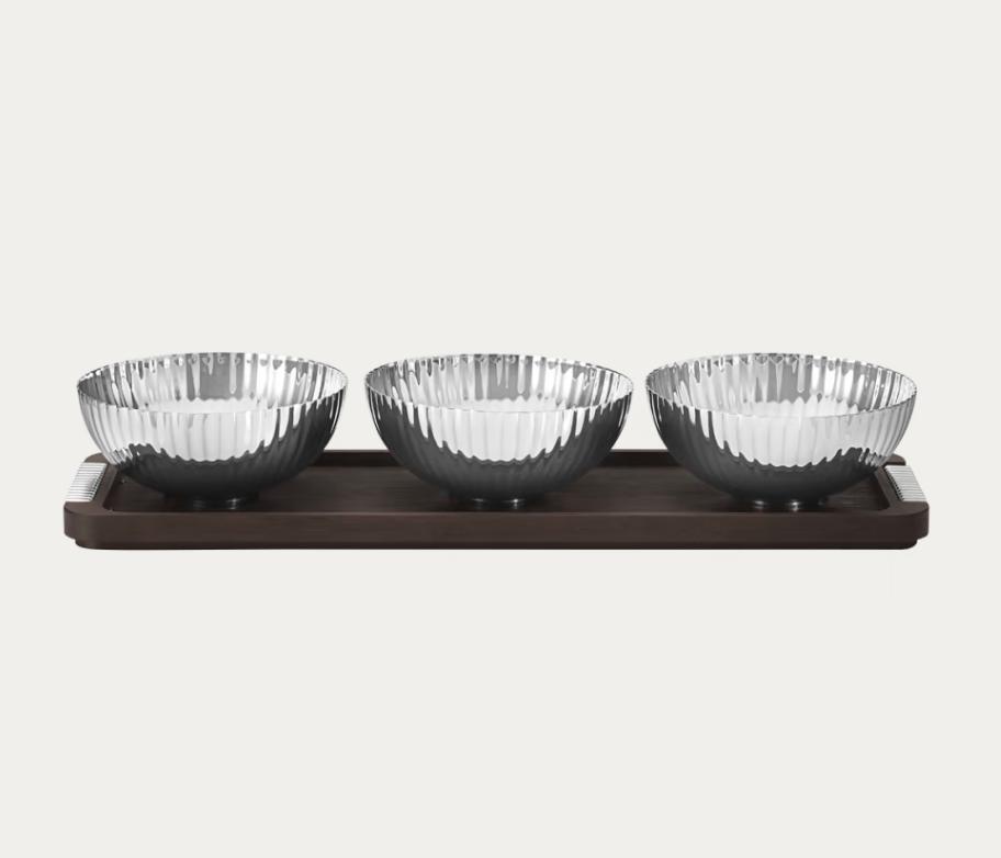 BERNADOTTE TRIPLE BOWL SET IN STAND WOOD & STAINLESS STEEL