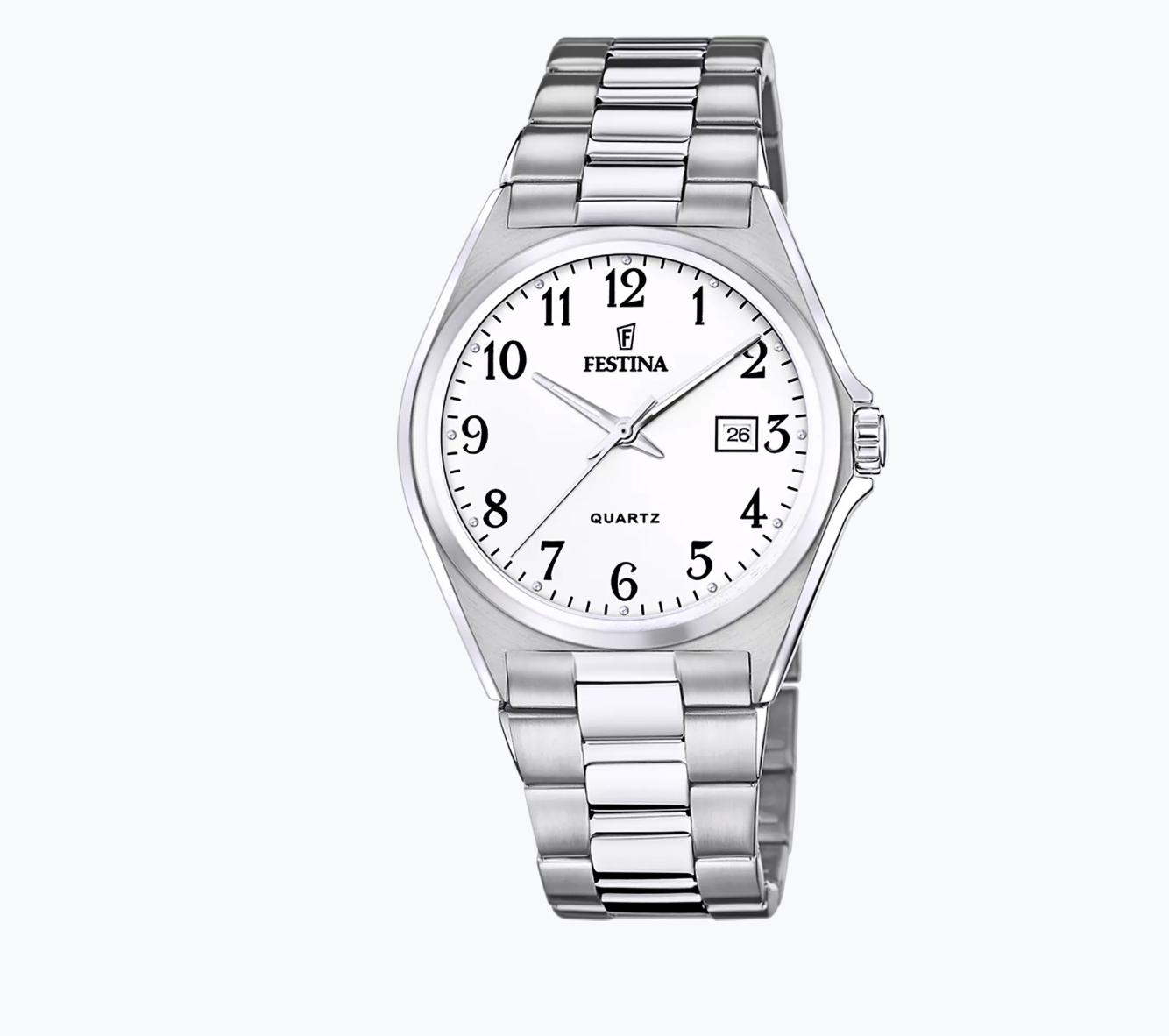 Festina Swiss Made, herre, lenke, hvit skive, tall, safirglass, 10 ATM, Ø 41 mm