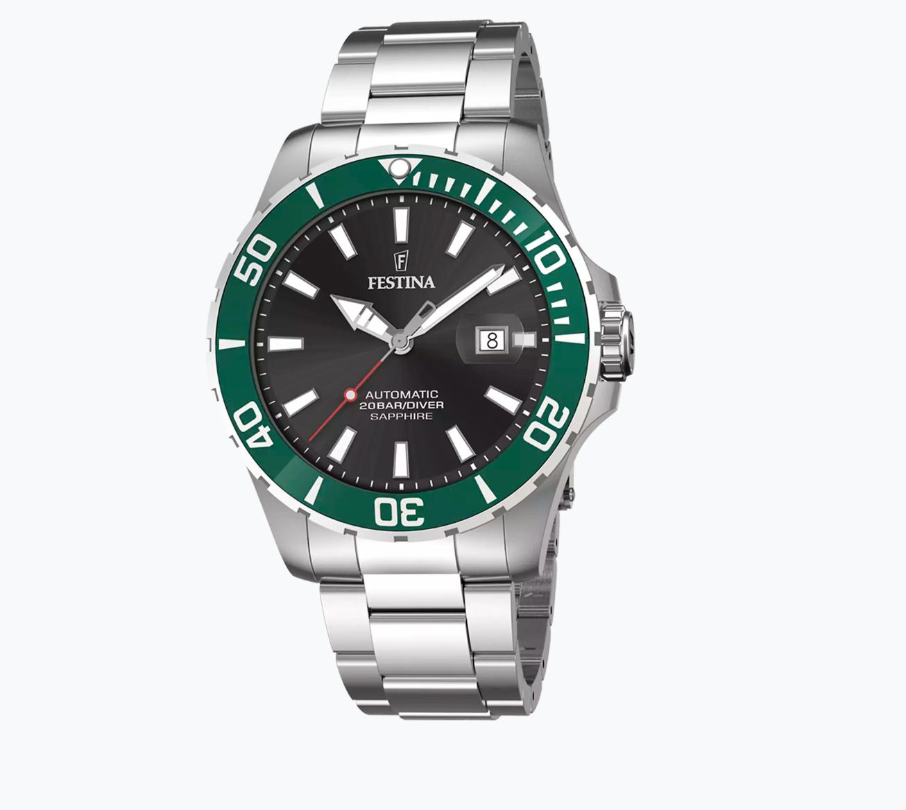 Festina Diver hr,20 bar,dykker,automat,saf, lenke,grønn  skive *