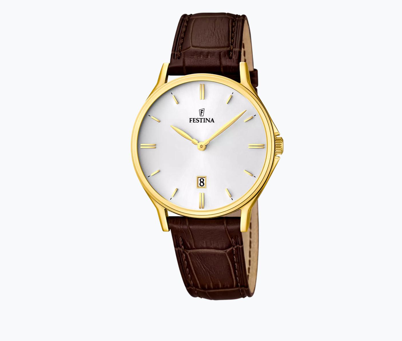 Festina pvd 50m, rem, brun,hvit skive