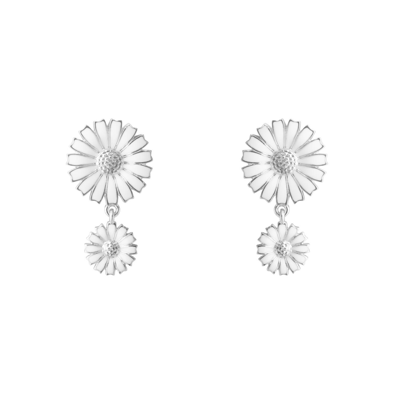 DAISY DOUBLE EARRING SILVER RH WHITE ENAMEL 13MM 8MM
