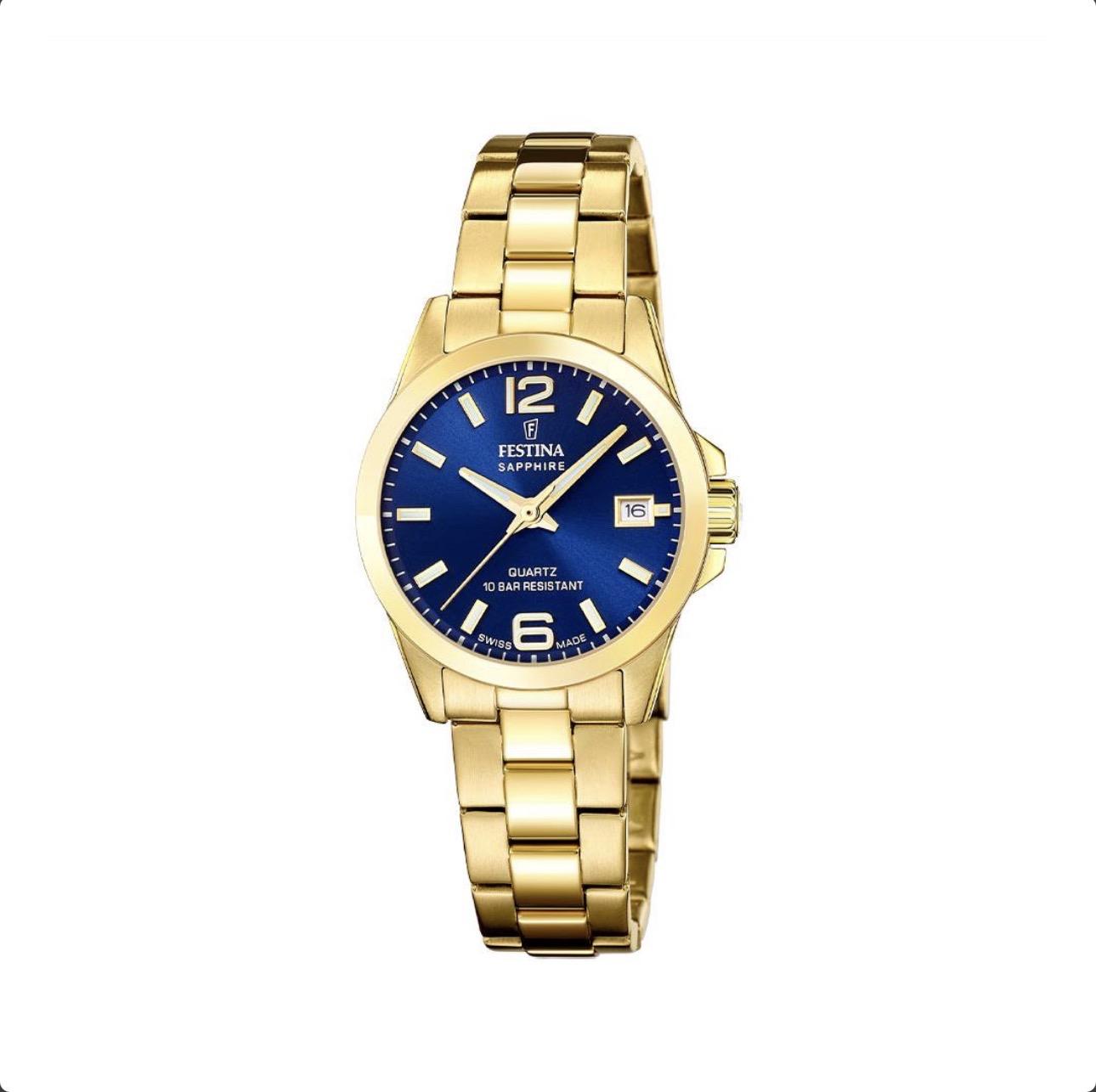 Festina Swiss Made, dame, lenke, PVD, blå skive, safirglass, 10 ATM, Ø 29,5 mm