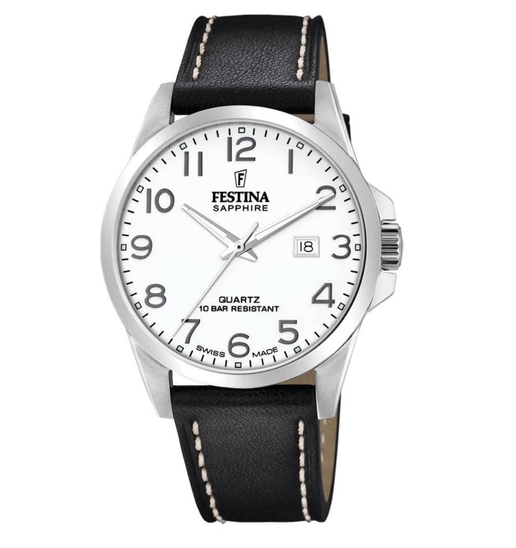 Festina Swiss Made, herre, rem, hvit skive, tall, safirglass, 10 ATM, Ø 41 mm