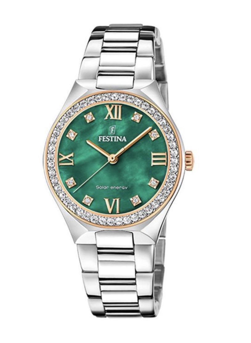 Festina dame, stållenke, grønn skive, gg bezel m. steiner *