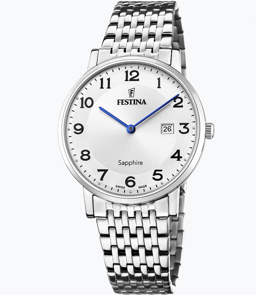 Festina Swiss Made, herre, lenke, sølv skive, tall, safirglass, 5 ATM, Ø 39,3 mm