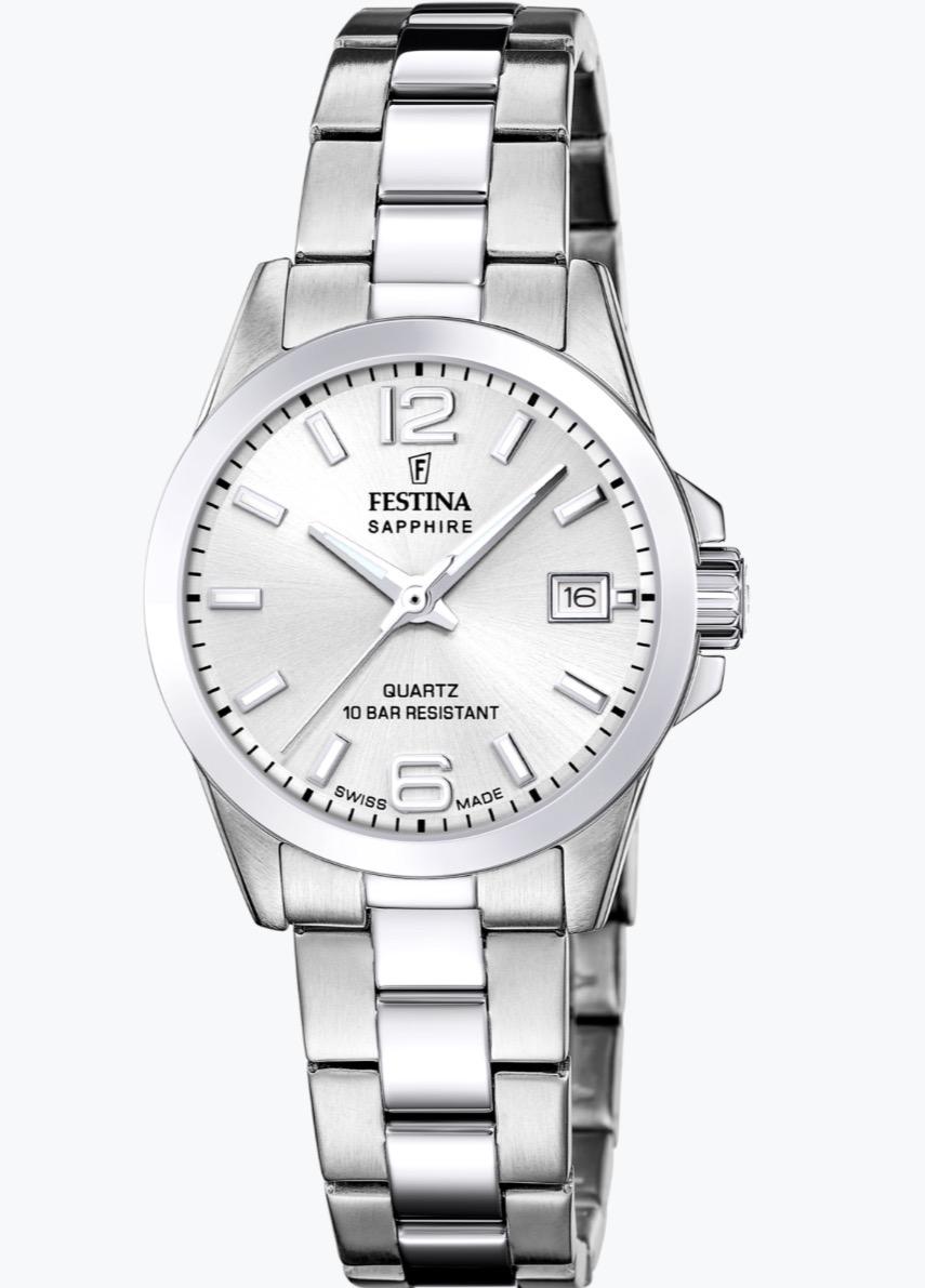 Festina Swiss Made, dame, lenke, hvit skive, safirglass, 10 ATM, Ø 29,5 mm