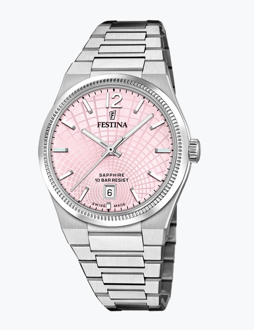 Festina Swiss Made, dame, lenke, rosa skive, safirglass, 10 ATM, Ø 35 mm