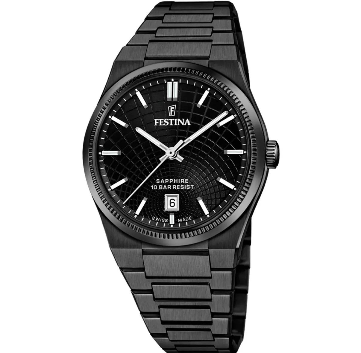 Festina Swiss Made, herre, lenke, sort PVD, safirglass, 10 ATM, Ø 40 mm