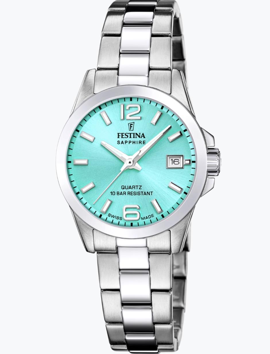 Festina Swiss Made, da,50m,pvd,lenke, hvit skive alle tall *