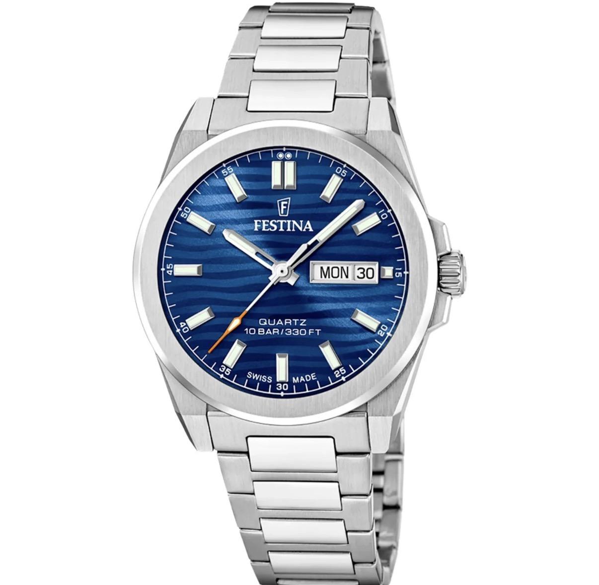 Festina Swiss Made, herre, lenke, blå skive, "Dune", safirglass, 10 ATM, Ø 39,8
