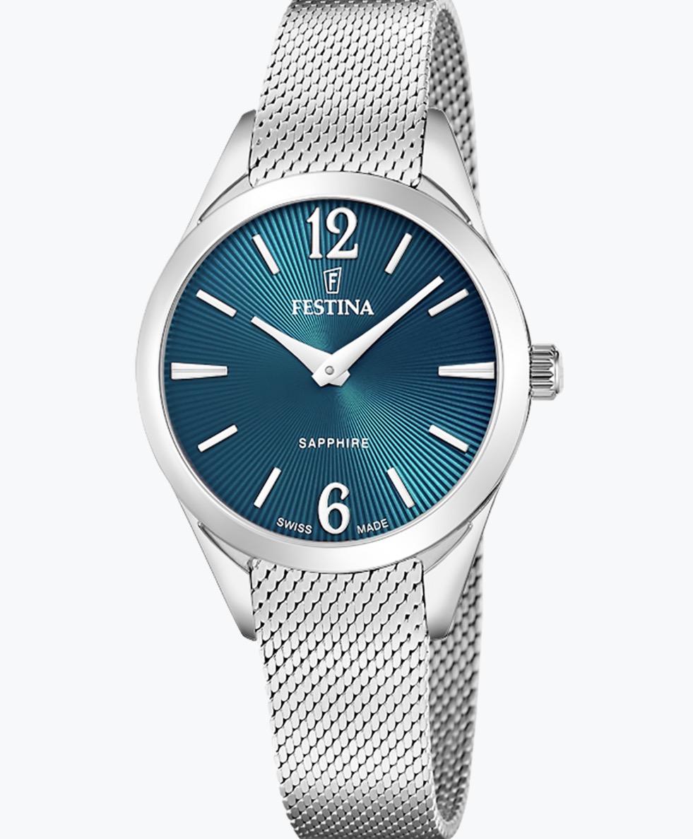 Festina Swiss Made, dame, lenke, mesh, blå skive, safirglass, 5 ATM, Ø 32 mm *