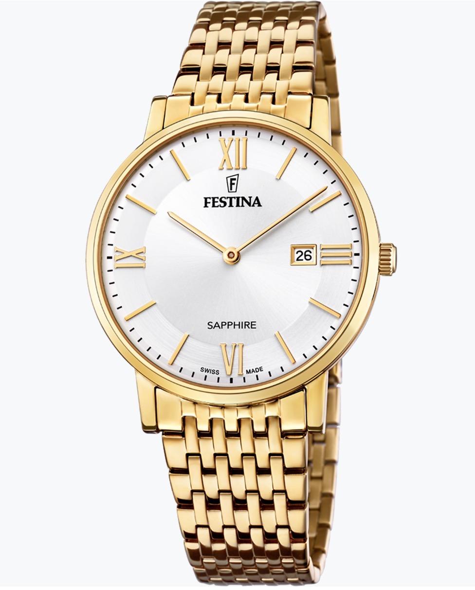 Festina Swiss Made, herre, lenke, PVD, hvit skive, romertall, safirglass, 5 ATM,