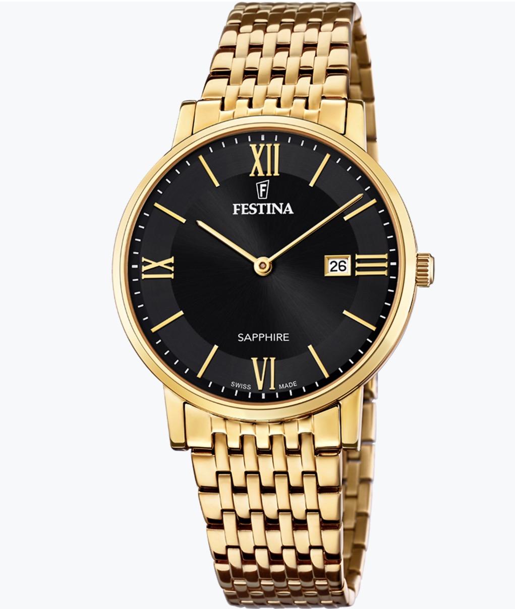 Festina Swiss Made, herre, lenke, PVD, sort skive, romertall, safirglass, 5 ATM,