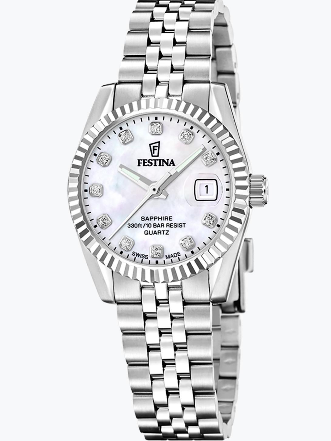 Festina Swiss Made, dame, lenke, perlemorskive, safirglass, 10 ATM, Ø 29 mm
