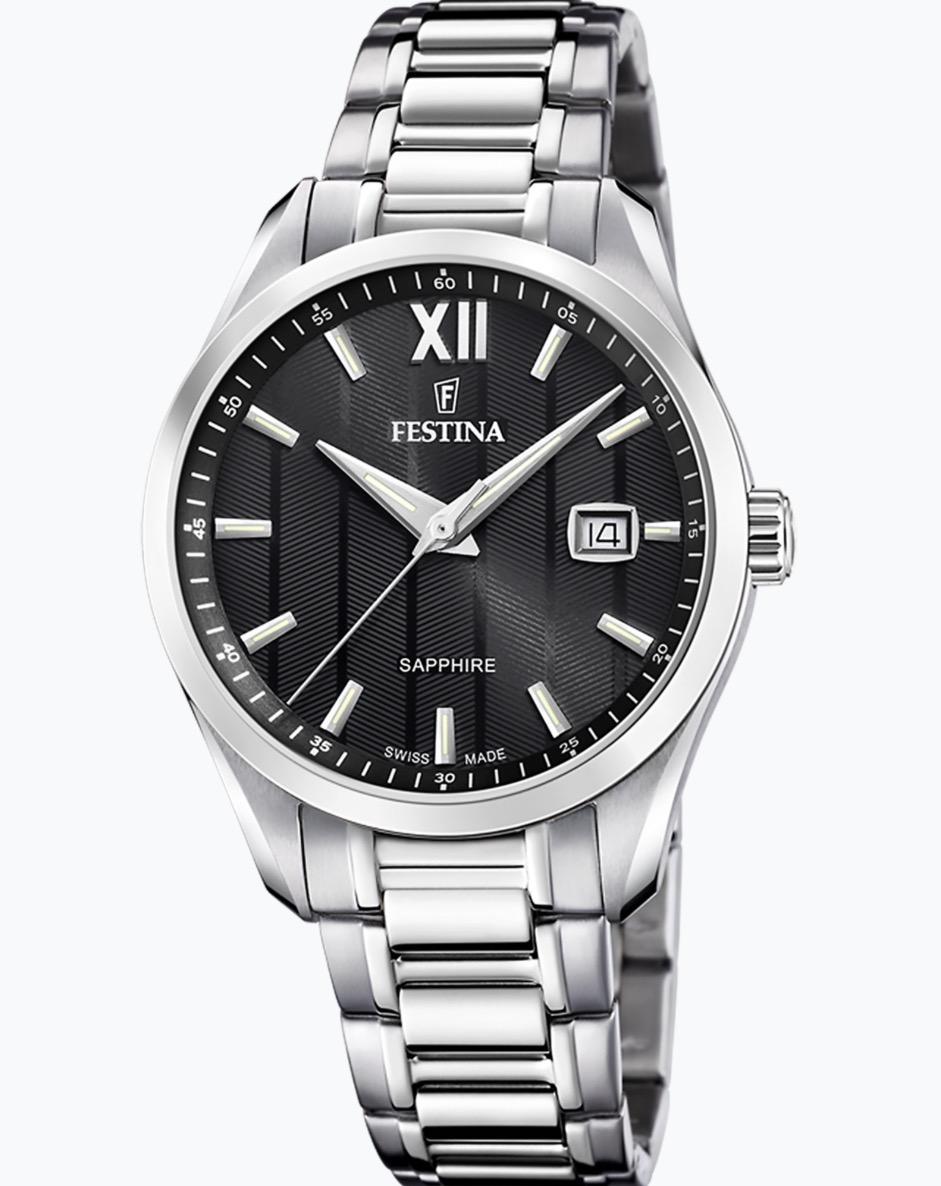 Festina Swiss Made, herre, lenke, sort skive, safirglass, 5 ATM, Ø 37,5 mm