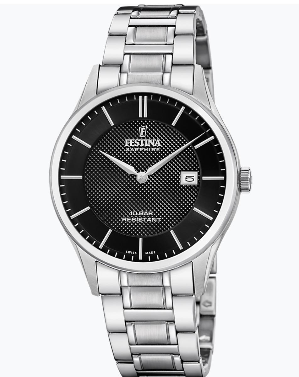 Festina Swiss Made, herre, lenke, sort skive, safirglass, 10 ATM, Ø 40 mm