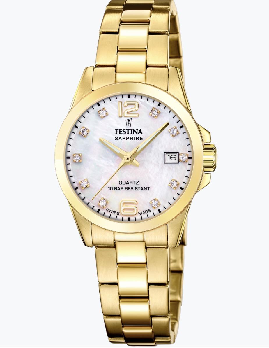 Festina Swiss Made, dame, lenke, PVD, perlemorskive, safirglass, 10 ATM, Ø 29,5