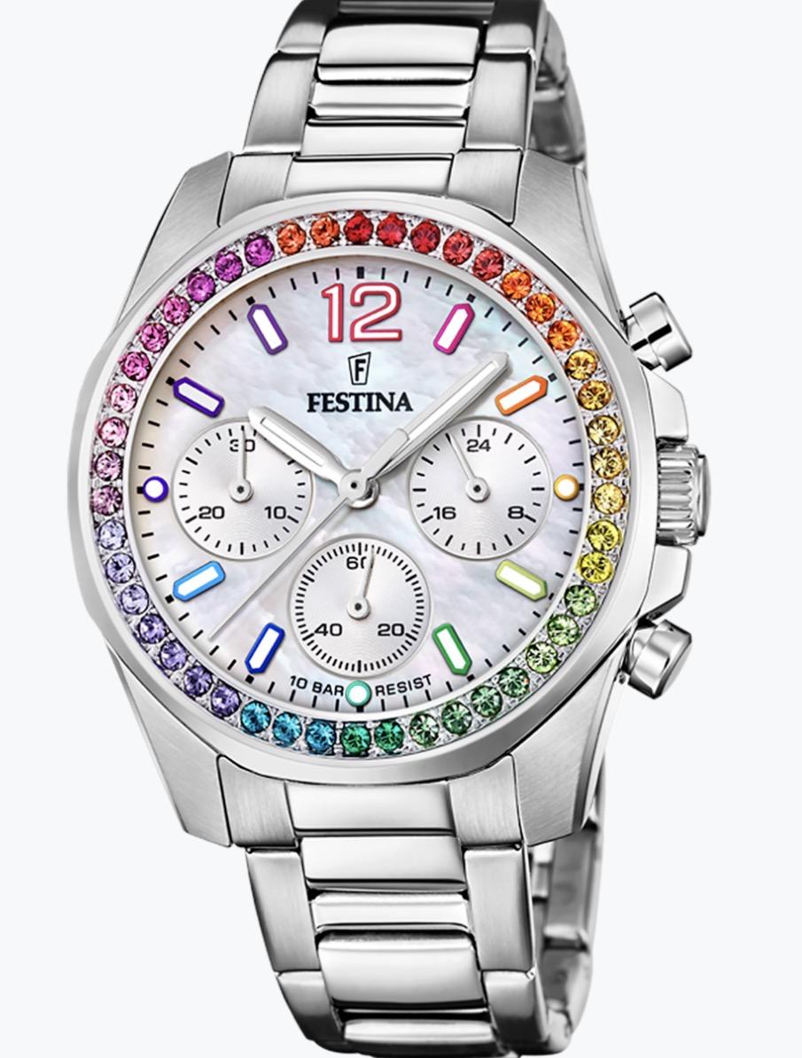 Festina stål fargede stener, chrono,lenke, hvit skive, 100m
